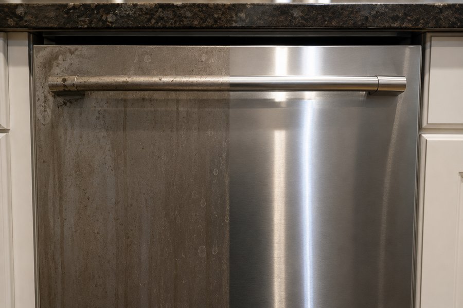 Stainless dishwasher, half grimy and half polished