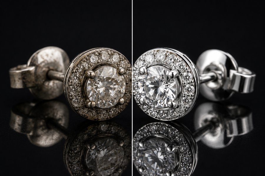 Diamond stud earrings, one dull and one sparkling clean