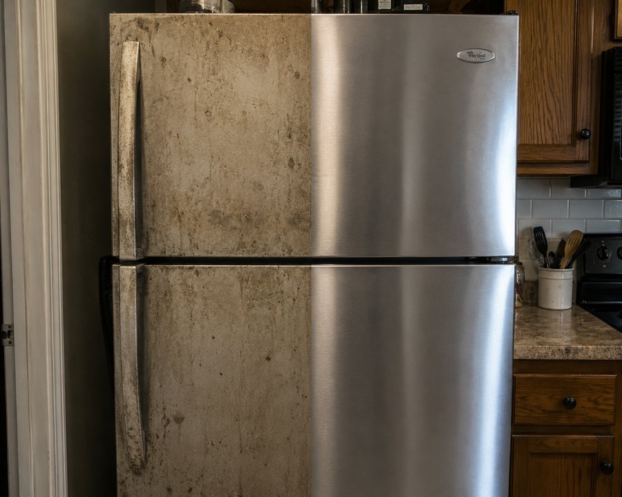 Stainless refrigerator, half grimy and half clean