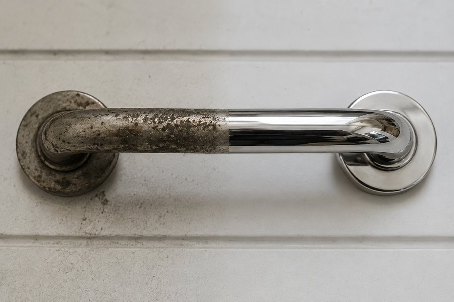Door handle, half tarnished and half chrome