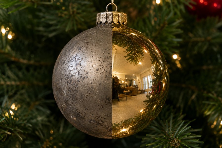 Christmas ornament, half dull and half mirror gold