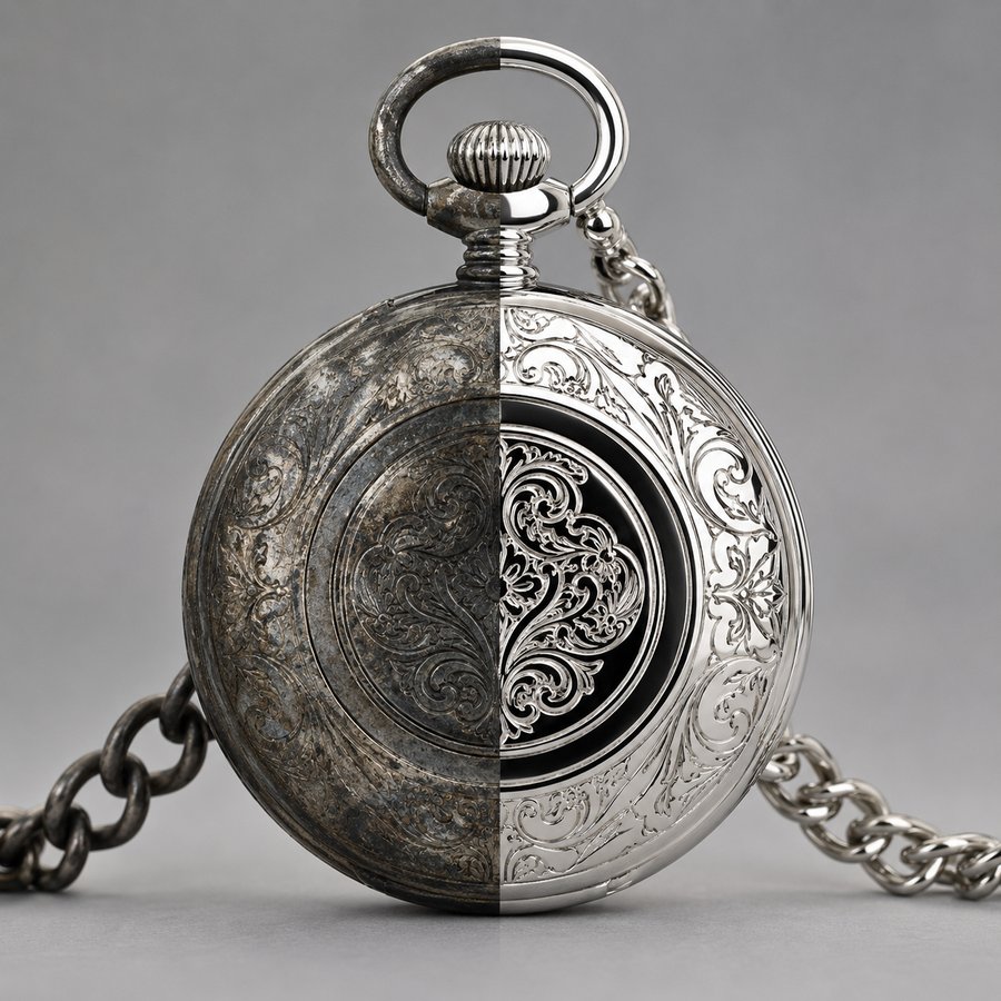 Pocket watch, half tarnished and half ornate silver