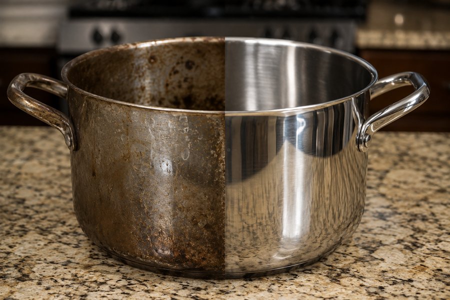 Stainless stock pot, half burnt and half shining