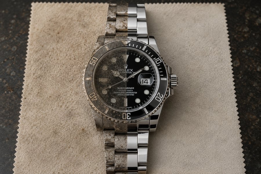 Stainless watch, half grimy and half clean