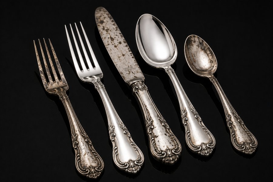 Silverware set, tarnished pieces next to freshly cleaned ones