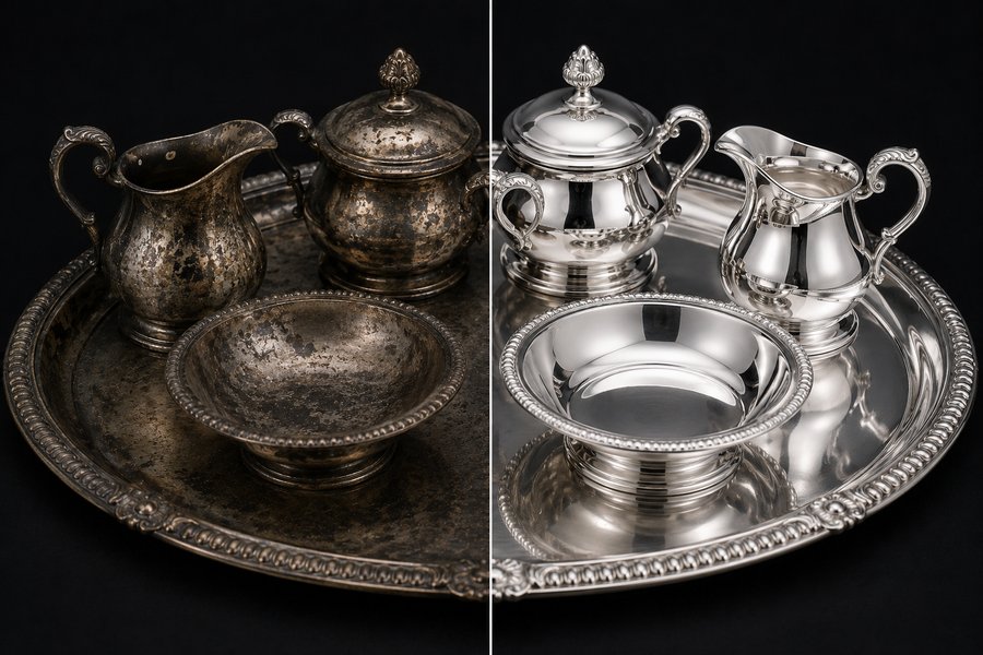 Silver tea set, half tarnished and half brilliant