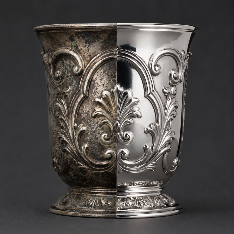 Silver vase, half tarnished and half brilliant
