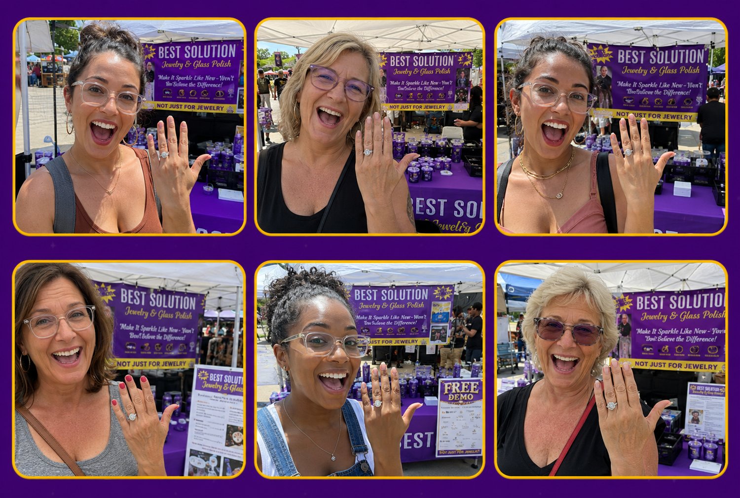 Happy Best Solution customers smiling at the booth with their freshly polished jewelry