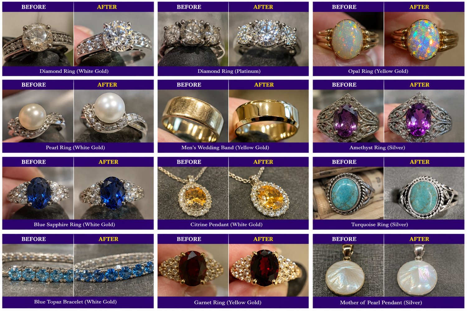Before and after rings with diamonds, opals, pearls, sapphires and more, dull before and brilliant after Best Solution polish
