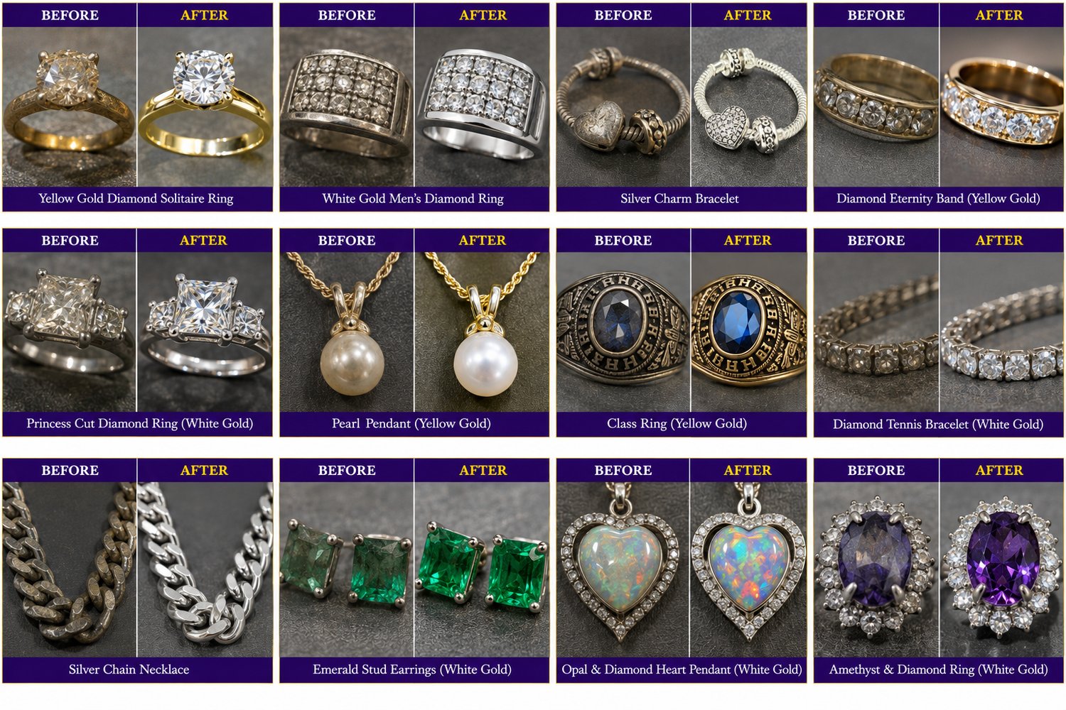 More before and after rings: solitaires, eternity bands, class rings, emerald studs and gemstone pendants restored with Best Solution polish